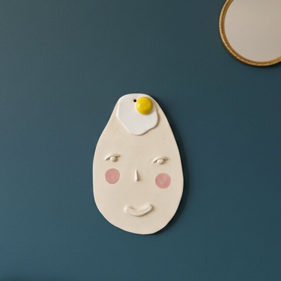 OOAK Egghead Ceramic Artist Mask Decorative Handmade - Picture 2 of 2